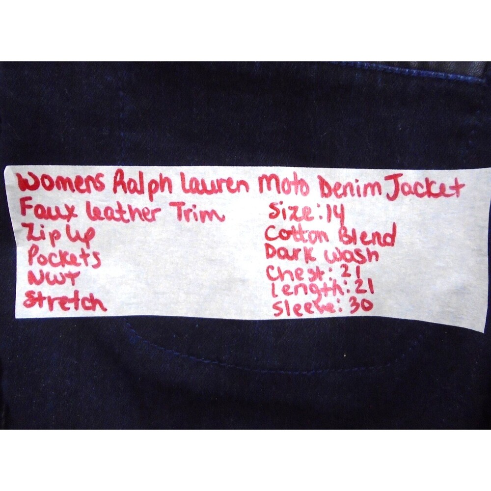 Ralph Lauren Womens Denim Biker MOTO Jacket Size 14 Dark Wash Faux Leather Trim - Picture 5 of 10